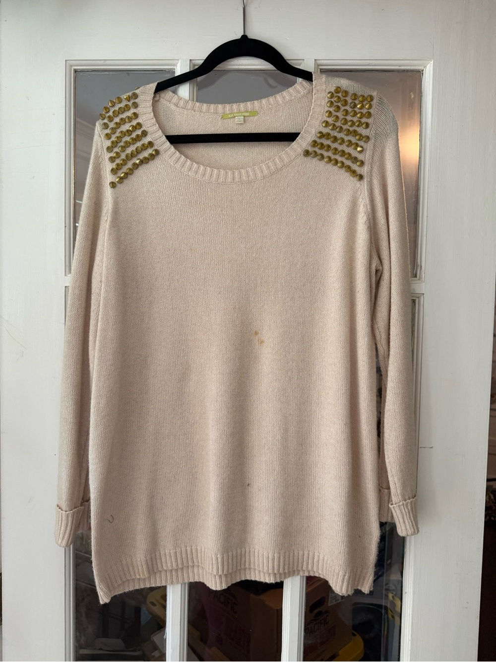 Gianni Bini Cream Crewneck Sweater with Gold Stud Shoulders